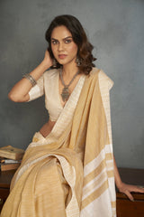 Dista Elora Ivory Soft Linen Silk Office Wear Saree With Chikankari Weaved Border, view 6