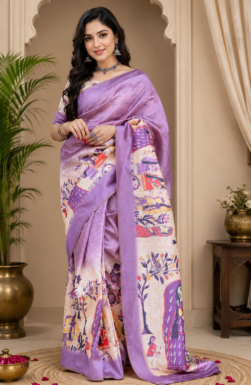 Dista Elora Lavender Chanderi Cotton Floral Printed Ready To Wear Saree