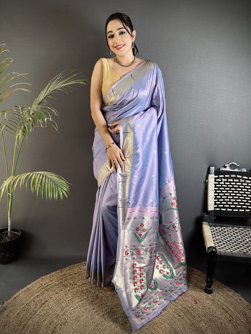Dista Elora lavender Lichi Silk Floral Ikat Motifs Zari weaving Paithani Saree