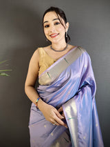 Dista Elora lavender Lichi Silk Floral Ikat Motifs Zari weaving Paithani Saree, view 3