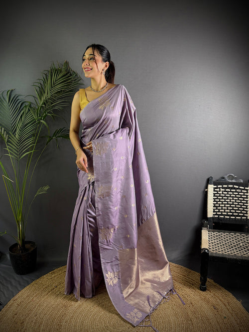 Dista Elora Lavender Lichi Silk Flower Zari Weaving Banarasi Saree