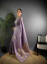Dista Elora Lavender Lichi Silk Flower Zari Weaving Banarasi Saree, view 2
