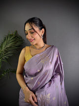 Dista Elora Lavender Lichi Silk Flower Zari Weaving Banarasi Saree, view 3