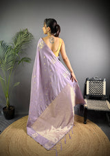 Dista Elora Lavender Lichi Silk Flower Zari Weaving Banarasi Saree, view 4