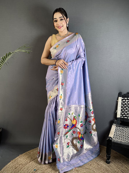 Dista Elora Lavender Lichi Silk Parrot & Floral Woven Design Zari Weaving Paithani Saree