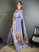 Dista Elora Lavender Lichi Silk Parrot & Floral Woven Design Zari Weaving Paithani Saree, view 2