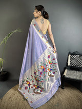 Dista Elora Lavender Lichi Silk Parrot & Floral Woven Design Zari Weaving Paithani Saree, view 3