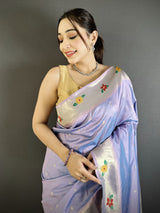 Dista Elora Lavender Lichi Silk Parrot & Floral Woven Design Zari Weaving Paithani Saree, view 4