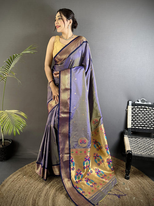 Dista Elora lavender Lichi Silk Peacock Ethnic Motifs Zari Woven Paithani Saree