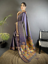 Dista Elora lavender Lichi Silk Peacock Ethnic Motifs Zari Woven Paithani Saree, view 2
