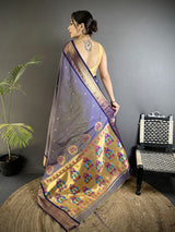 Dista Elora lavender Lichi Silk Peacock Ethnic Motifs Zari Woven Paithani Saree, view 3