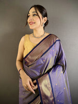Dista Elora lavender Lichi Silk Peacock Ethnic Motifs Zari Woven Paithani Saree, view 4