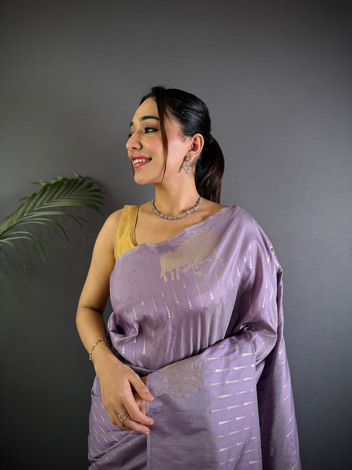 Dista Elora Lavender Lichi Silk Striped Jacquard Zari Weaving Banarasi Saree