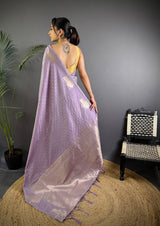 Dista Elora Lavender Lichi Silk Striped Jacquard Zari Weaving Banarasi Saree, view 2