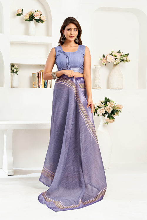 Dista Elora Lavender Linen Striped Printed Ready to Wear Saree