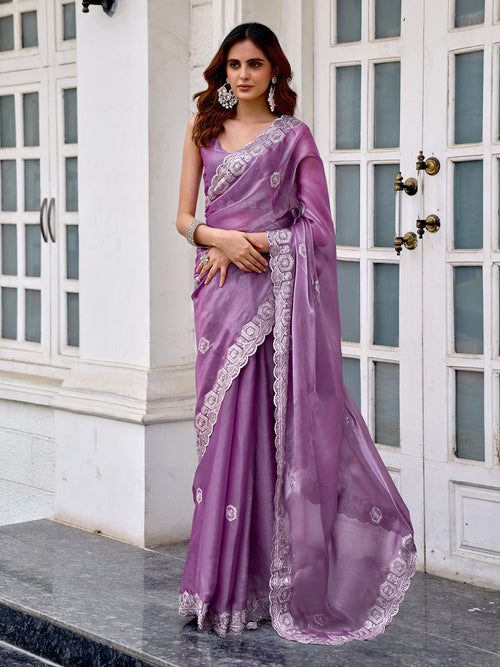 Dista Elora Lavender Shimmer Chiffon Geometric Embroidery Work Bollywood Saree