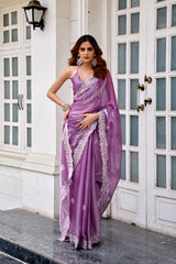 Dista Elora Lavender Shimmer Chiffon Geometric Embroidery Work Bollywood Saree, view 2