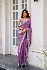 Dista Elora Lavender Shimmer Chiffon Geometric Embroidery Work Bollywood Saree, view 3