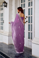 Dista Elora Lavender Shimmer Chiffon Geometric Embroidery Work Bollywood Saree, view 4