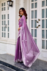 Dista Elora Lavender Shimmer Chiffon Geometric Embroidery Work Bollywood Saree, view 5