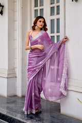 Dista Elora Lavender Shimmer Chiffon Geometric Embroidery Work Bollywood Saree, view 6