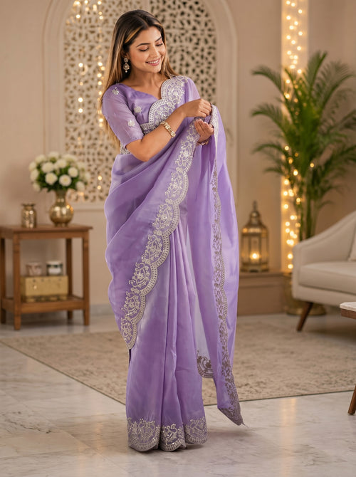 Dista Elora Lavender Shimmer Chiffon Plain/Solid Scalloped Edge Embroidered Border Bollywood Saree