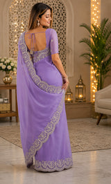 Dista Elora Lavender Shimmer Chiffon Plain/Solid Scalloped Edge Embroidered Border Bollywood Saree, view 2