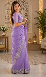 Dista Elora Lavender Shimmer Chiffon Plain/Solid Scalloped Edge Embroidered Border Bollywood Saree, view 3
