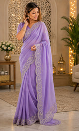 Dista Elora Lavender Shimmer Chiffon Plain/Solid Scalloped Edge Embroidered Border Bollywood Saree, view 4