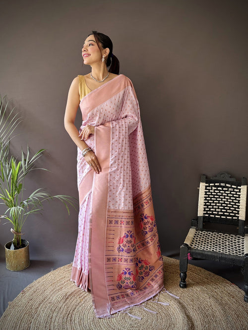 Dista Elora Lavender Soft Lichi Silk Jacquard Butti Zari Weaving Paithani Saree