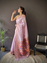 Dista Elora Lavender Soft Lichi Silk Jacquard Butti Zari Weaving Paithani Saree, view 2