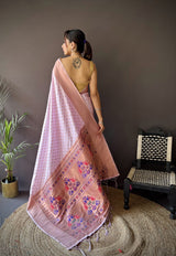 Dista Elora Lavender Soft Lichi Silk Jacquard Butti Zari Weaving Paithani Saree, view 3