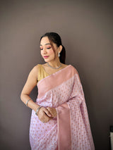 Dista Elora Lavender Soft Lichi Silk Jacquard Butti Zari Weaving Paithani Saree, view 4