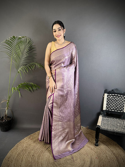 Dista Elora Lavender Soft Satin Silk Floral & Paisley Motifs Banarasi Saree
