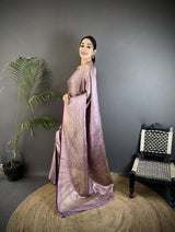 Dista Elora Lavender Soft Satin Silk Floral & Paisley Motifs Banarasi Saree, view 2