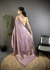 Dista Elora Lavender Soft Satin Silk Floral & Paisley Motifs Banarasi Saree, view 3