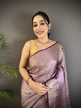 Dista Elora Lavender Soft Satin Silk Floral & Paisley Motifs Banarasi Saree, view 4