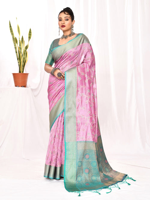 Dista Elora Lavender Soft Silk Banarasi Woven Floral Weaving Saree