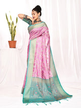 Dista Elora Lavender Soft Silk Banarasi Woven Floral Weaving Saree, view 2
