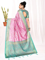 Dista Elora Lavender Soft Silk Banarasi Woven Floral Weaving Saree, view 3