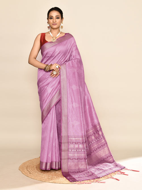 Dista Elora Lavender Soft Silk Leaf Printed Baluchari Weaving Saree