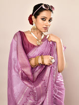 Dista Elora Lavender Soft Silk Leaf Printed Baluchari Weaving Saree, view 2