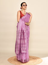 Dista Elora Lavender Soft Silk Leaf Printed Baluchari Weaving Saree, view 3