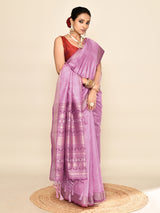 Dista Elora Lavender Soft Silk Leaf Printed Baluchari Weaving Saree, view 4