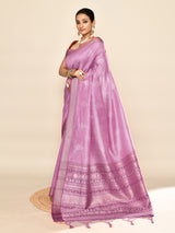 Dista Elora Lavender Soft Silk Leaf Printed Baluchari Weaving Saree, view 5