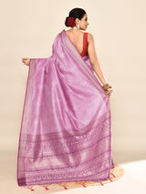 Dista Elora Lavender Soft Silk Leaf Printed Baluchari Weaving Saree, view 6