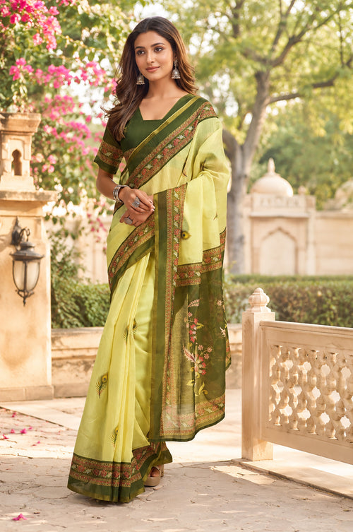 Dista Elora Lemon Green Chanderi Cotton Motifs Printed Ready To Wear Saree