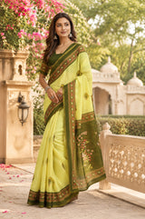 Dista Elora Lemon Green Chanderi Cotton Motifs Printed Ready To Wear Saree, view 2