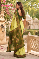 Dista Elora Lemon Green Chanderi Cotton Motifs Printed Ready To Wear Saree, view 3