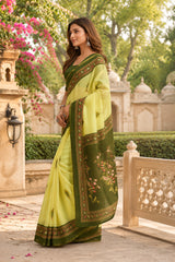 Dista Elora Lemon Green Chanderi Cotton Motifs Printed Ready To Wear Saree, view 4